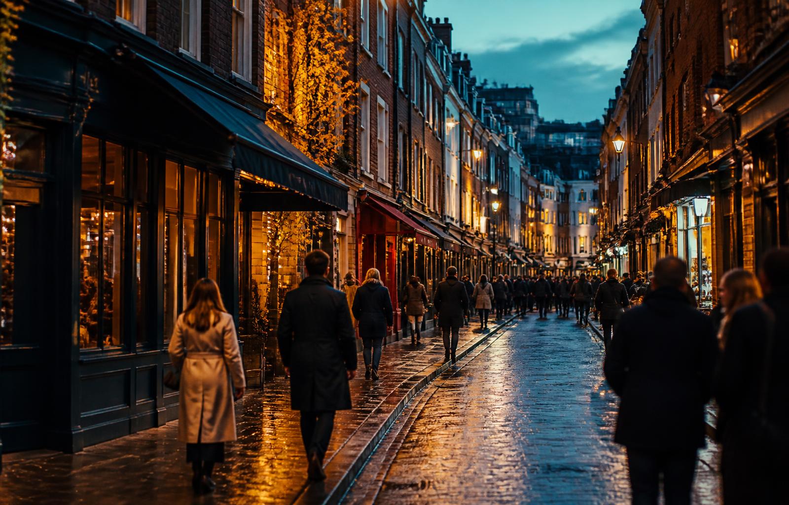 Soho streets at dusk near the West End theatres